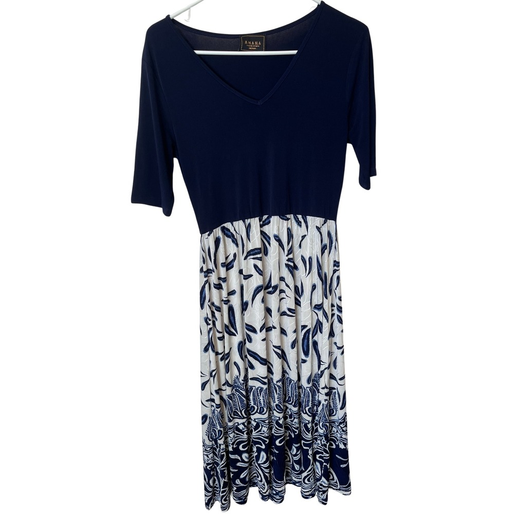 Amana Women's Medium Navy Blue White Border Print Midi Dress V Neck